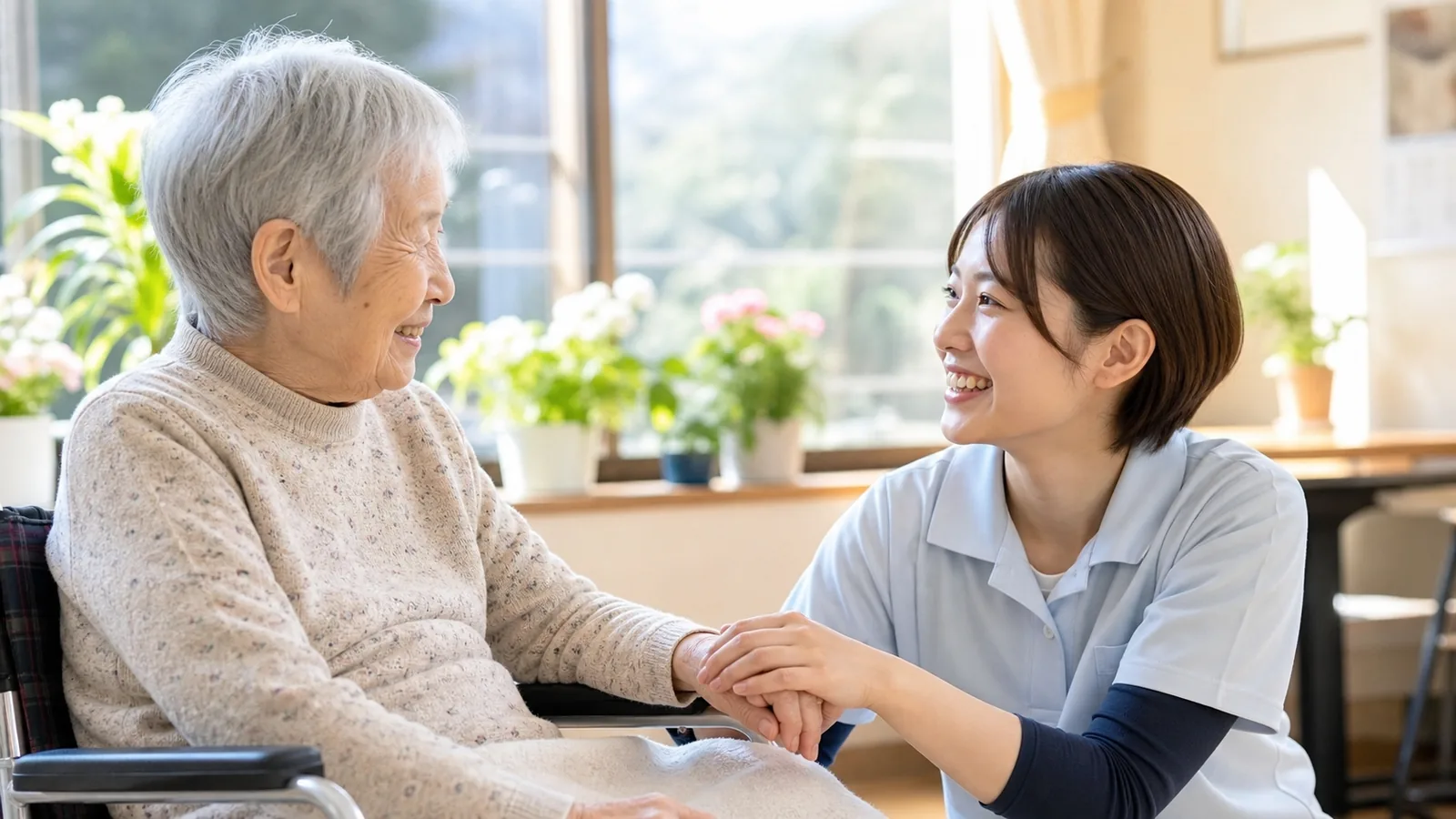 若い介護士が高齢の女性の手を温かく握る